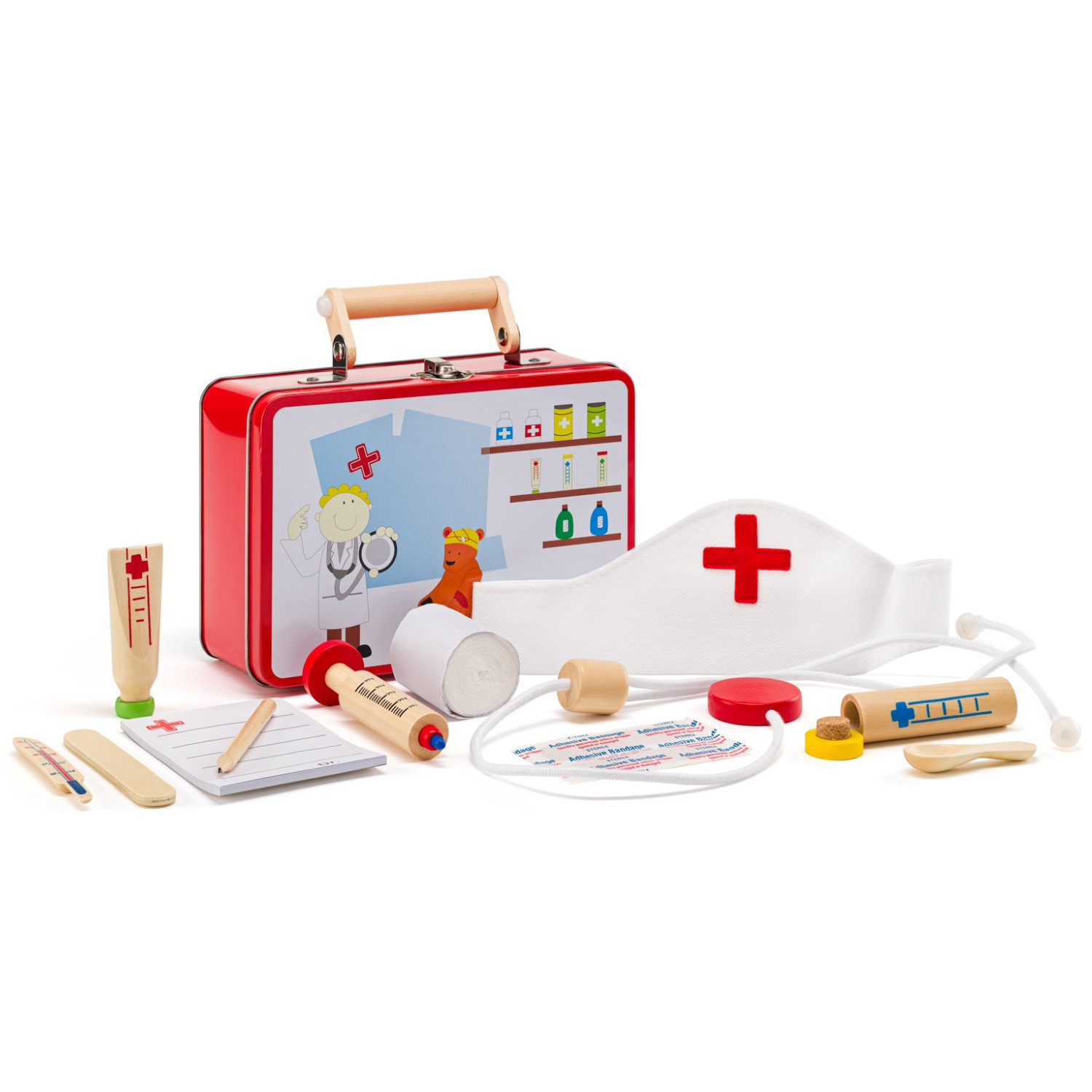 Дървен лекарски комплект в метално куфарче