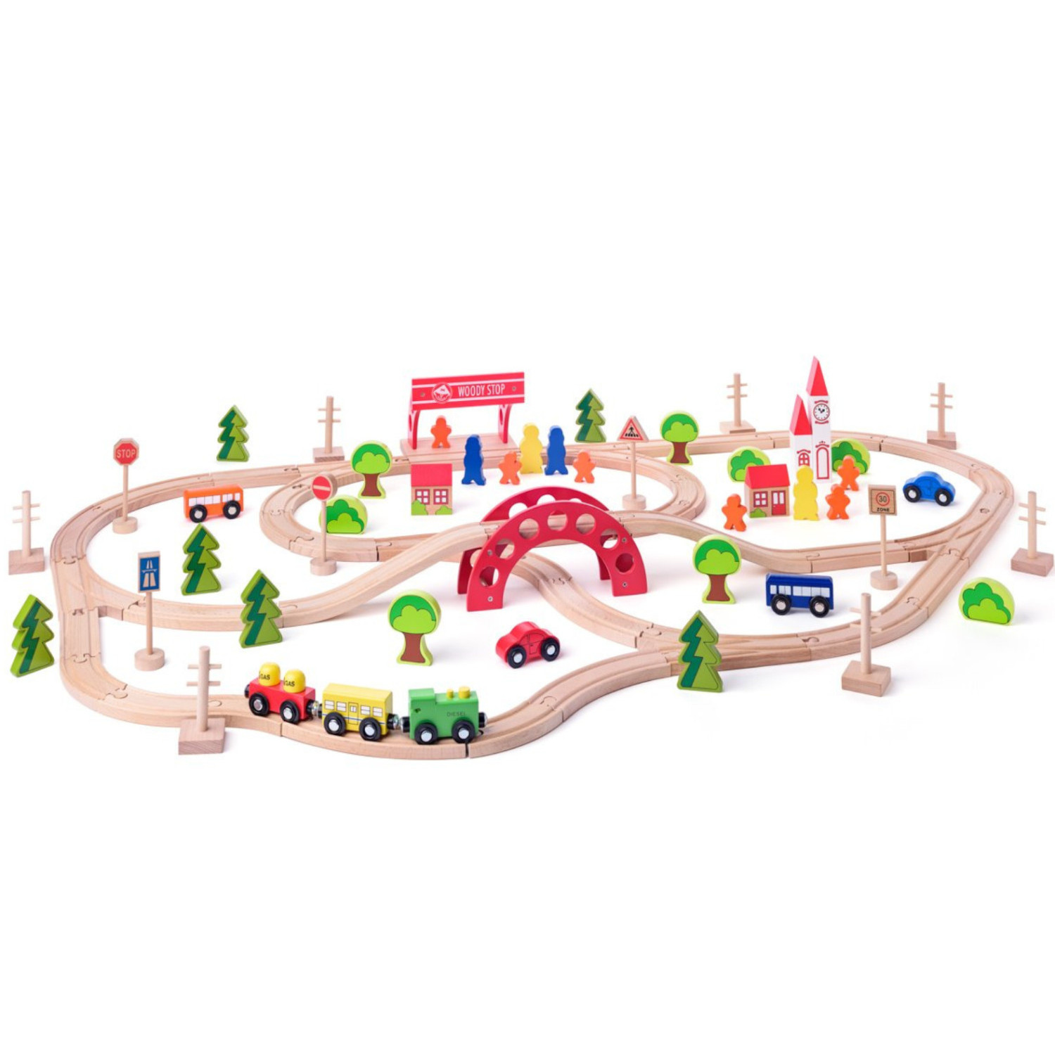 Дървен влак с релси, мост и гара, 90 части