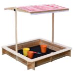 Детски Пясъчник GINGER HOME с Регулируем Покрив с UV Защита, 117x117x113 см, Дървен – Идеален за Игра на Открито