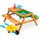 Детска Дървена Маса с Пейки и Пясъчник GINGER HOME – 2в1, Повдигащ се Плот, 90x86x50 см - Image 3