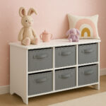 Детски Скрин GINGER HOME с 6 Текстилни Кутии за Съхранение на Играчки и Аксесоари, Сиво и Бяло - Image 2