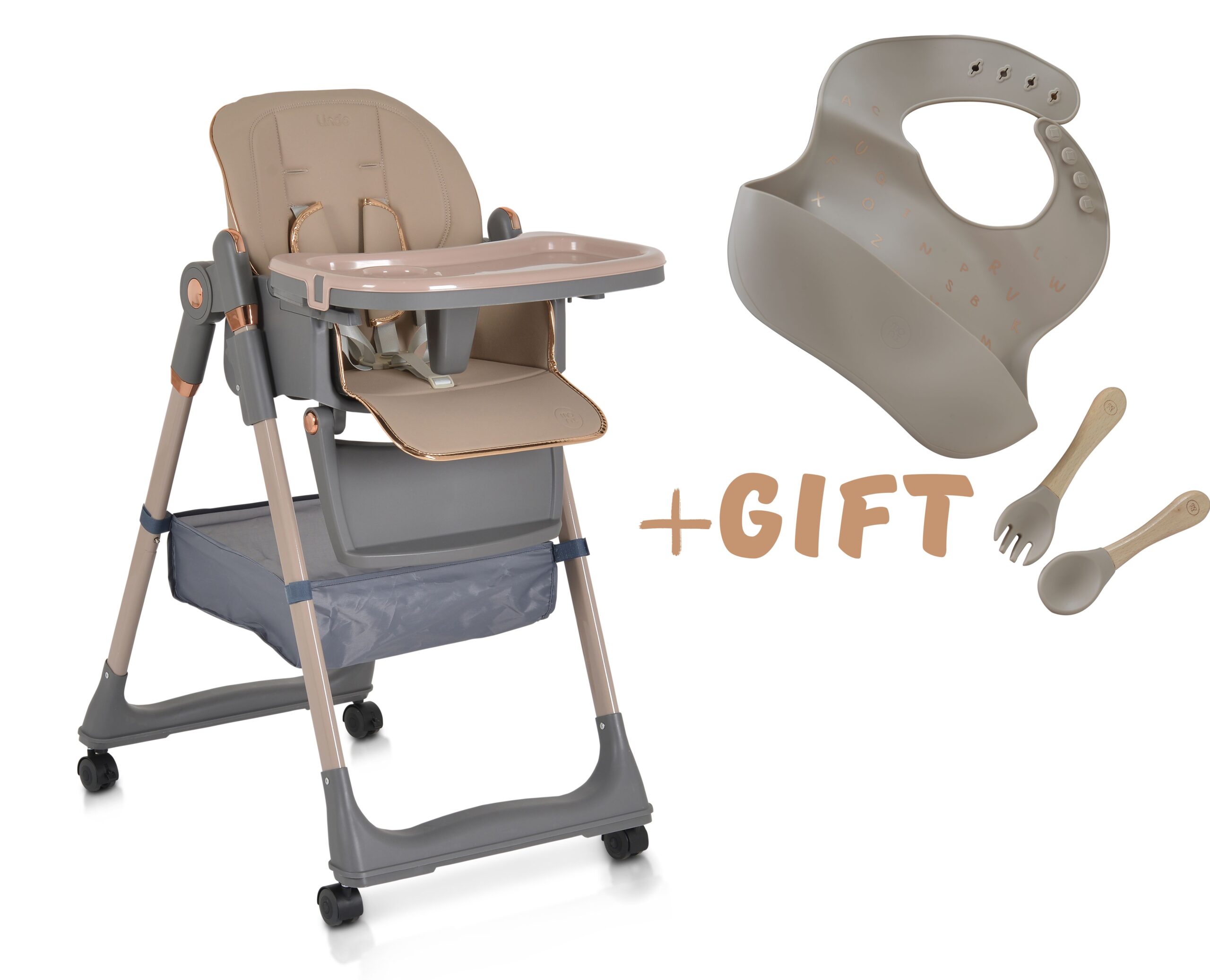 Детски стол за хранене с подарък Lindo бежов